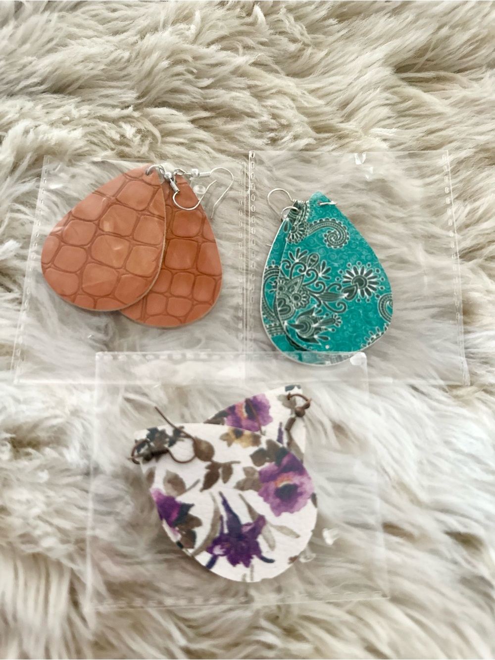 Boutique Women’s Teardrop Earring Trio in Brown, Teal, and White Floral